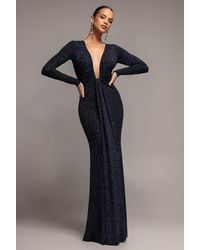 Goddiva - Plunge Neck Long Sleeve Front Draped Lurex Maxi Dress - Lyst