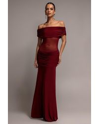 Goddiva - Gathered Off The Shoulder Mesh Waist Panel Maxi Dress - Lyst