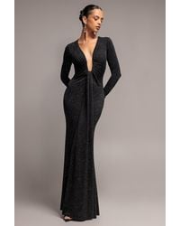 Goddiva - Plunge Neck Long Sleeve Front Draped Lurex Maxi Dress - Lyst
