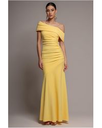 Goddiva - Pleated One Shoulder Bardot Fit And Flare Maxi Dress - Lyst