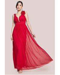 Goddiva - Sleeveless Pleated Dobby Mesh Corsage Maxi Dress - Lyst