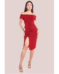Goddiva - Sparkling Bardot Midi With Waterfall Ruffle - Lyst