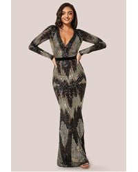 Goddiva - Long Sleeve Sequin Evening Maxi Dress - Lyst