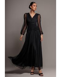 Goddiva - Gathered Long Balloon Sleeve A-Line Mesh Maxi Dress - Lyst