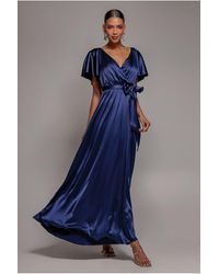 Goddiva - Satin Flutter Sleeve Wrap Maxi Dress - Lyst