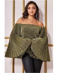 Goddiva - Sequin Lurex Bardot Pleated Sleeve Top - Lyst