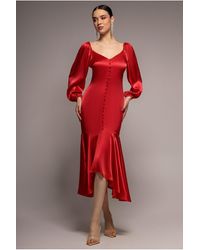Goddiva - Satin Viscose Front Buttoned Dipped Hem Midi - Lyst