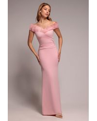 Goddiva - Fan Pleated Bardot Scuba Crepe Maxi Dress - Lyst