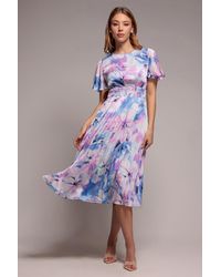 Goddiva - Flutter Sleeve Pleated Skirt Floral Midi Dress - Lyst
