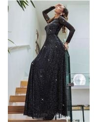 Goddiva - Hotfix Diamante Mesh A-Line Long Sleeve Maxi Dress - Lyst
