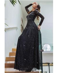 Goddiva - Hotfix Diamante Mesh A-Line Long Sleeve Maxi Dress - Lyst