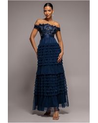 Goddiva - Scallop Bardot Ruffle Mesh Maxi - Lyst