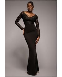 Goddiva - Scalloped Lace Bodice Long Sleeve Bardot Maxi Dress - Lyst