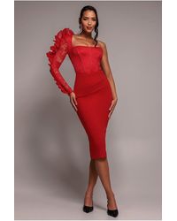 Goddiva - One Shoulder Organza Fan Detail Lace Bodice Midi Dress - Lyst
