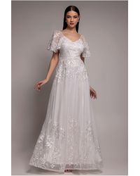 Goddiva - Lace Flutter Sleeve Embroidered Mesh A Line Maxi Dress - Lyst