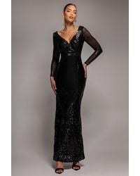 Goddiva - Long Sleeve Sequin V Wrap Maxi Dress - Lyst