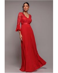 Goddiva - Scalloped Lace Bodice Pleated Chiffon A Line Maxi Dress - Lyst
