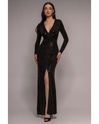 Goddiva - Sequin Glitter Lurex Long Sleeve Wrap Maxi Dress - Lyst