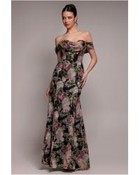 Goddiva - Cowl Neck Floral Print Jacquard Chiffon Maxi Dress - Lyst
