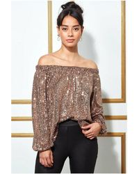 Goddiva - Bardot Sequin Crop Top With Cuffed Sleeves - Lyst
