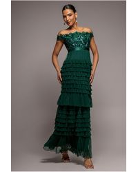 Goddiva - Scallop Bardot Ruffle Mesh Maxi - Lyst