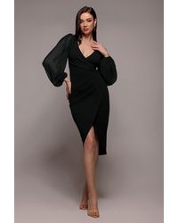 Goddiva - Scuba & Chiffon Balloon Sleeve Wrap Midi Dress - Lyst