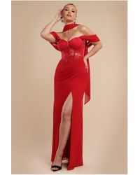 Goddiva - Scalloped Lace & Chiffon Winged Corset Bodice Maxi Dress - Lyst