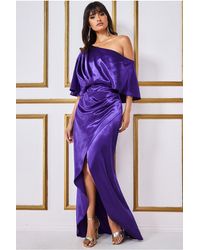 Goddiva - Satin Drape Shoulder Wrap Maxi Dress - Lyst