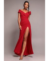 Goddiva - Scuba Crepe Off Shoulder Front Split Maxi Dress - Lyst