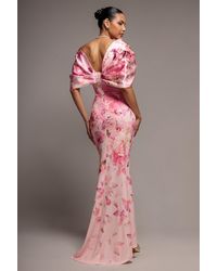 Goddiva - Printed Off Shoulder Satin Bow Back Maxi Dress - Lyst
