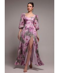 Goddiva - Puff Sleeve A-Line Printed Chiffon Maxi Dress With Split - Lyst