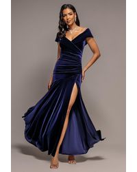 Goddiva - Velvet Off Shoulder Pleated A Line Maxi Dress - Lyst