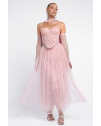 Goddiva - Textured Floral Mesh Corset Tulle Gathered Midaxi Skirt With Jersey Scarf & Embellished Fingerless Mesh Gloves - Lyst