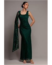 Goddiva - One Shoulder Cape Sleeve Pleated Lace Maxi Dress - Lyst