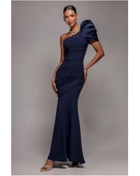 Goddiva - One Shoulder Puffed Satin Sleeve Evening Maxi Dress - Lyst