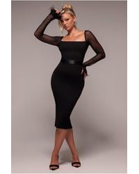 Goddiva - Dobby Mesh Feather Sleeve Bodycon Midi Dress - Lyst