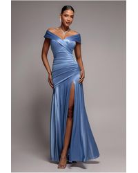 Goddiva - Satin Off Shoulder Pleated Maxi Dress - Lyst