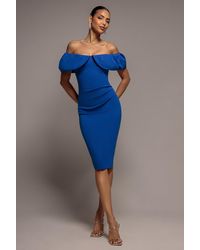 Goddiva - Scuba Crepe Pleated Bardot Midi Dress - Lyst
