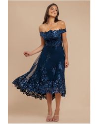 Goddiva - Bardot Sequin & Lace High Low Midi - Lyst
