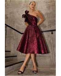 Goddiva - One Shoulder Frill Jacquard Skater Midi Dress - Lyst