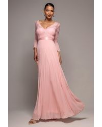 Goddiva - Scalloped Lace Bodice Pleated Chiffon A Line Maxi Dress - Lyst