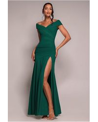 Goddiva - Scuba Crepe Off Shoulder Front Split Maxi Dress - Lyst