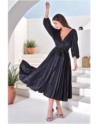 Goddiva - Satin Pleated Skirt Wrap Midi Dress - Lyst