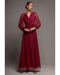 Goddiva - Gathered Long Balloon Sleeve A-Line Mesh Maxi Dress - Lyst