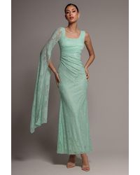 Goddiva - One Shoulder Cape Sleeve Pleated Lace Maxi Dress - Lyst