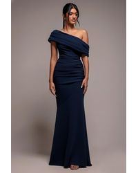 Goddiva - Pleated One Shoulder Bardot Fit And Flare Maxi Dress - Lyst