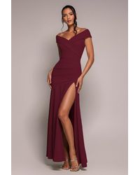 Goddiva - Scuba Crepe Off Shoulder Front Split Maxi Dress - Lyst