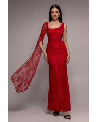 Goddiva - One Shoulder Cape Sleeve Pleated Lace Maxi Dress - Lyst