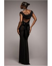 Goddiva - Open Back Cowl Neck Gathered Maxi Dress With Velvet Tie Back - Lyst