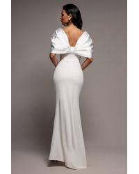Goddiva - Off Shoulder Back Satin Bow Scuba Maxi Dress - Lyst